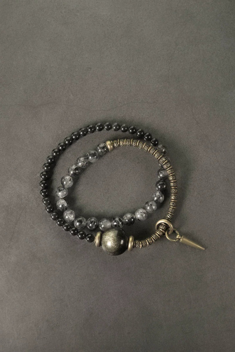 Obsidian & Black Rutilated Quartz Brass Bracelet for Protection & Focus