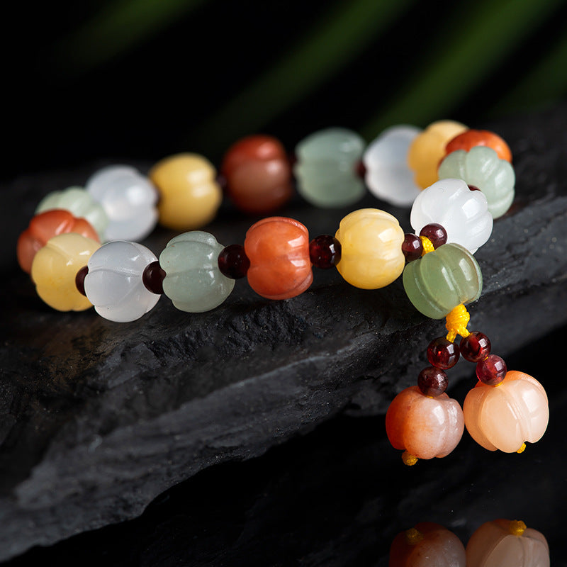 Natural Xinjiang Golden Silk Jade Multicolor Pumpkin Bracelet – Hand-Carved Lucky Feng Shui Jewelry, Unisex