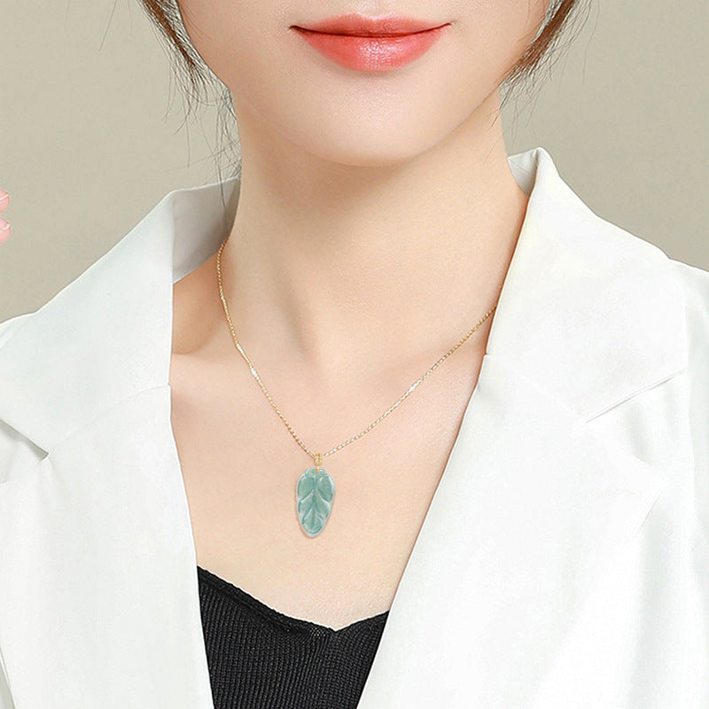Natural Ice Blue Jadeite Leaf Pendant – Genuine A-Grade Blue Water Jade, 18K Gold Setting with 45cm Silver Chain