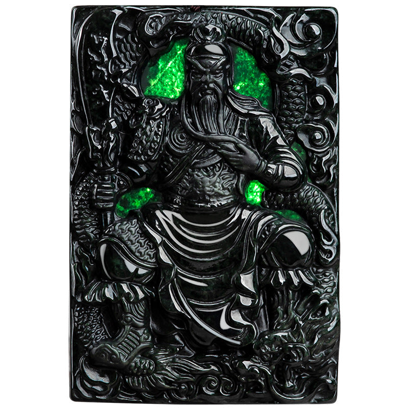 Natural A-Grade Black Jadeite Guan Gong Dragon Pendant for Men & Women