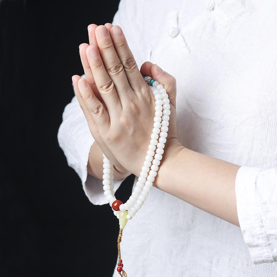 108 White Jade Bodhi Mala with Star and Moon Beads