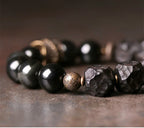 Tibetan Vintage Ebony Wood, Black Obsidian & Brass Bracelet – For Strength & Protection