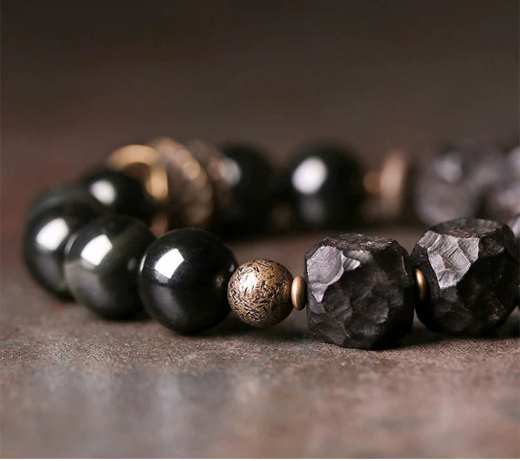 Tibetan Vintage Ebony Wood, Black Obsidian & Brass Bracelet – For Strength & Protection