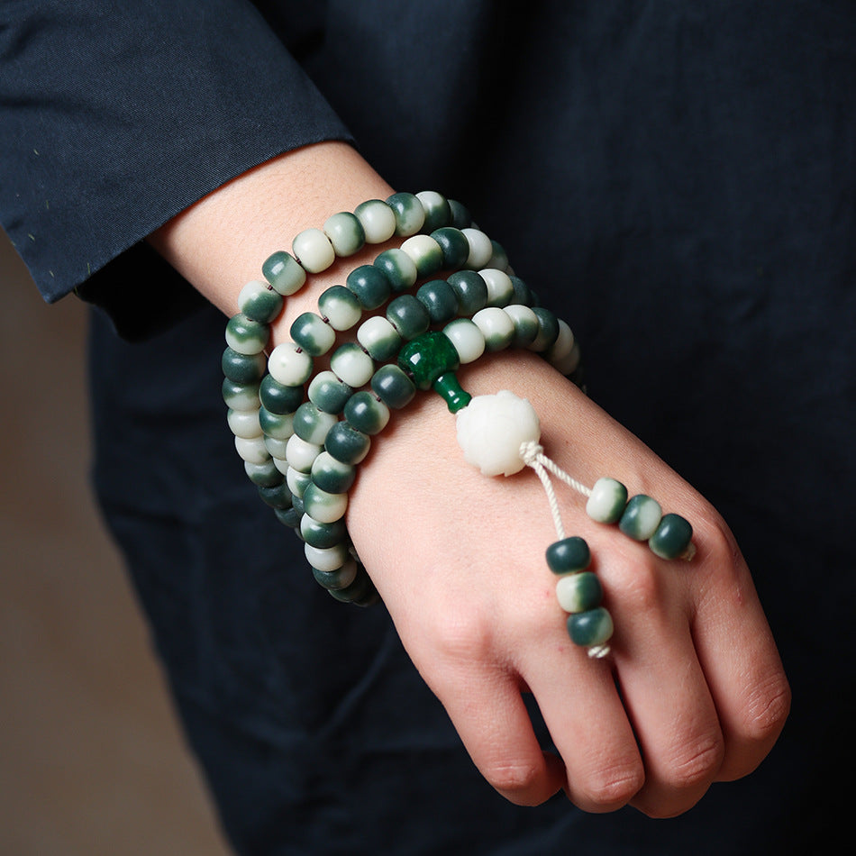 108 Mala Beads Gradient Green Bodhi Bracelet with Carved Lotus Pendant