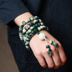 108 Mala Beads Gradient Green Bodhi Bracelet with Carved Lotus Pendant
