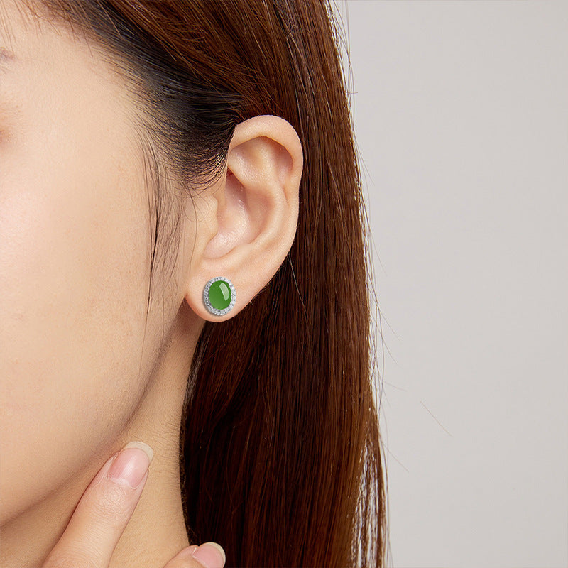 Natural Spinach Green Aged Hetian Jade Large Cabochon Stud Earrings for Women