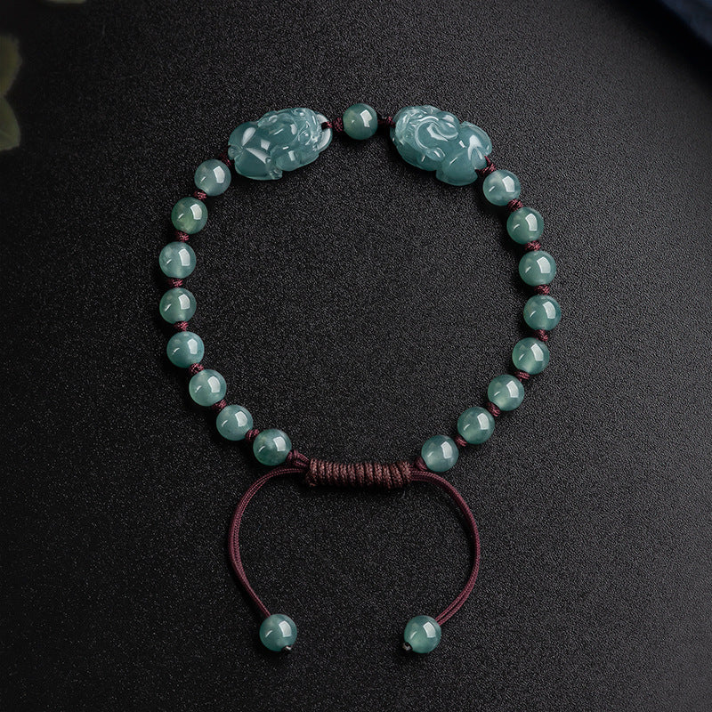 Natural A-Grade Blue Ice Jadeite Double PiXiu Handwoven Bracelet
