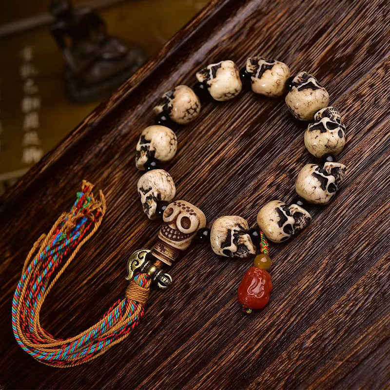 Handcrafted Tibetan Camel Bone Skull Bracelet for Men and Women