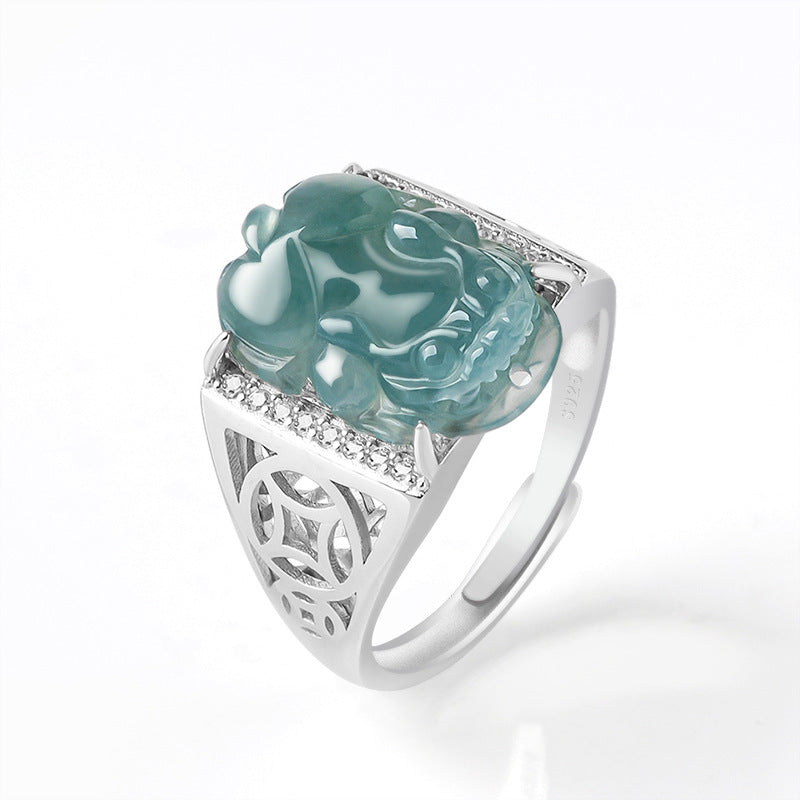 Natural A-Grade Blue Water Jadeite Pixiu Ring – S925 Silver, Adjustable Band, Unisex Fashion Ring
