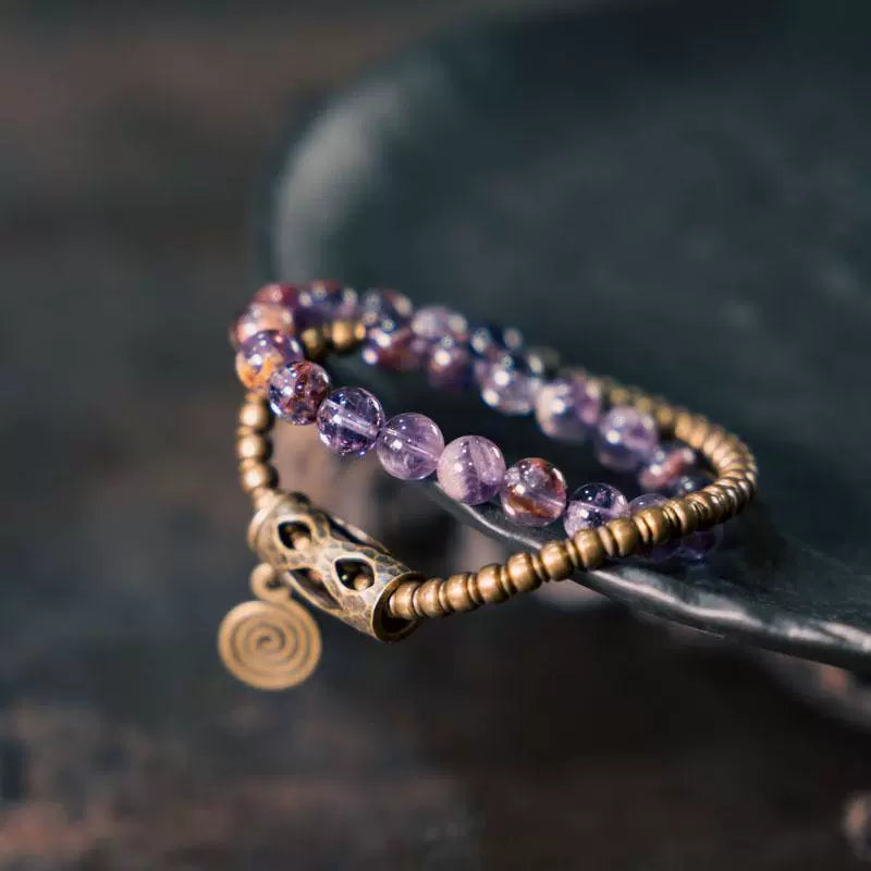 Vintage Double-Wrap Amethyst Phantom Quartz Bracelet – Brass Accents & Spiritual Style