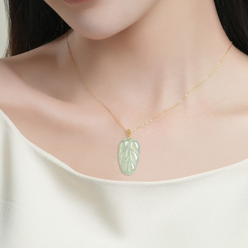 Natural Blue Water Jadeite Leaf Pendant with 18K Gold – A-Grade Jade, Elegant Symbol of Growth & Renewal