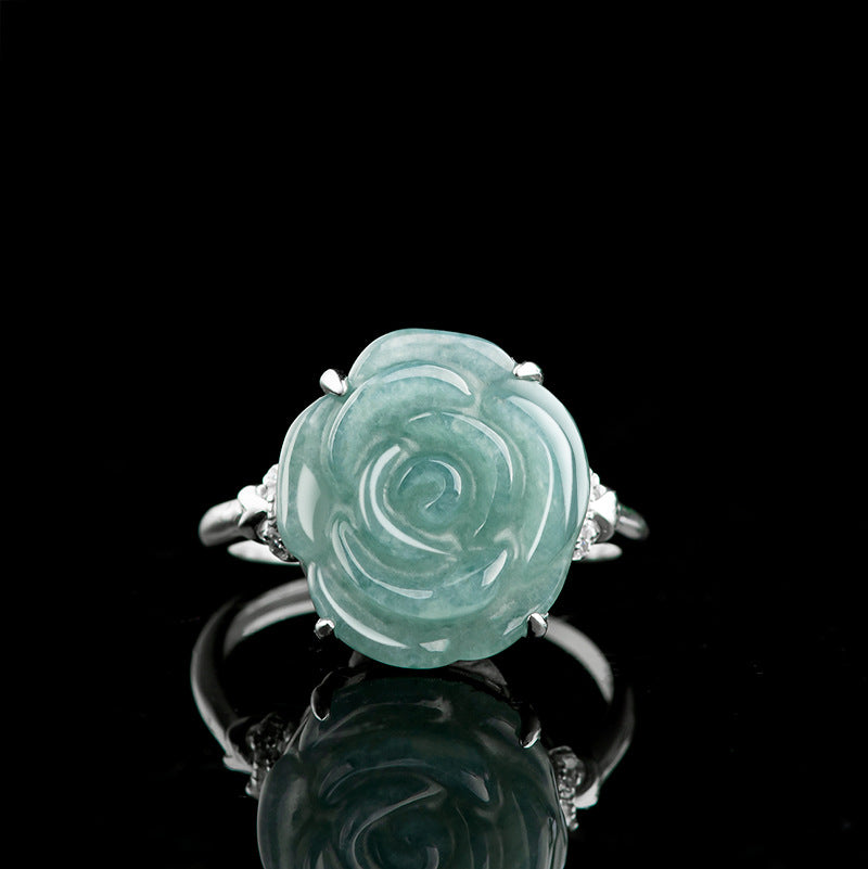 Natural A-Grade Blue Water Jadeite Rose Ring – S925 Silver Adjustable Ice Jade Fashion Ring for Women