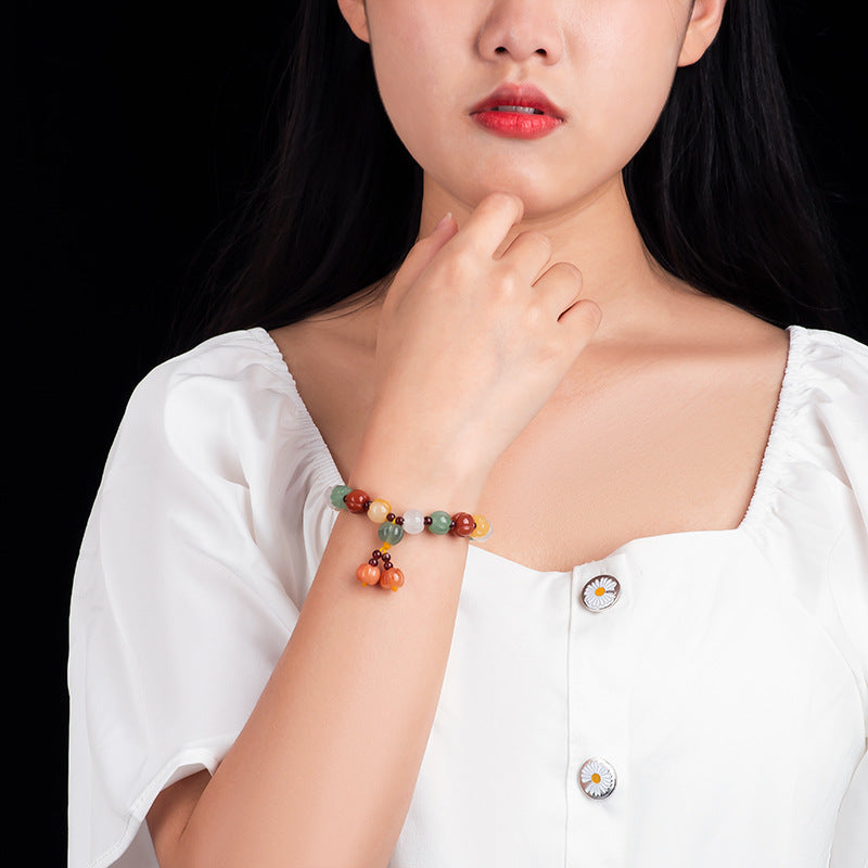 Natural Xinjiang Golden Silk Jade Multicolor Pumpkin Bracelet – Hand-Carved Lucky Feng Shui Jewelry, Unisex