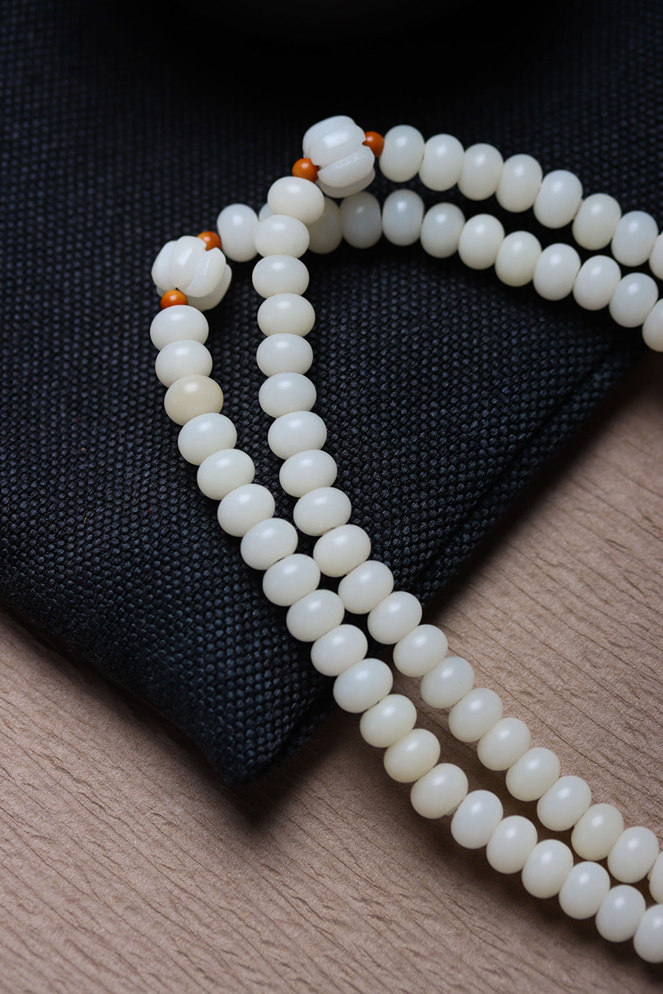 White Jade Bodhi 108 Mala Beads Bracelet with Hand-Carved Lotus Beads and Olive Pit Spacers