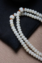 White Jade Bodhi 108 Mala Beads Bracelet with Hand-Carved Lotus Beads and Olive Pit Spacers