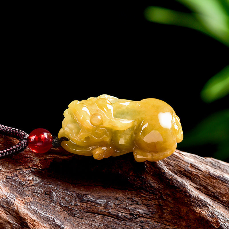 Natural Burmese A-Grade Jadeite Pixiu Pendant – Yellow-Tinted Jade, Protective Talisman