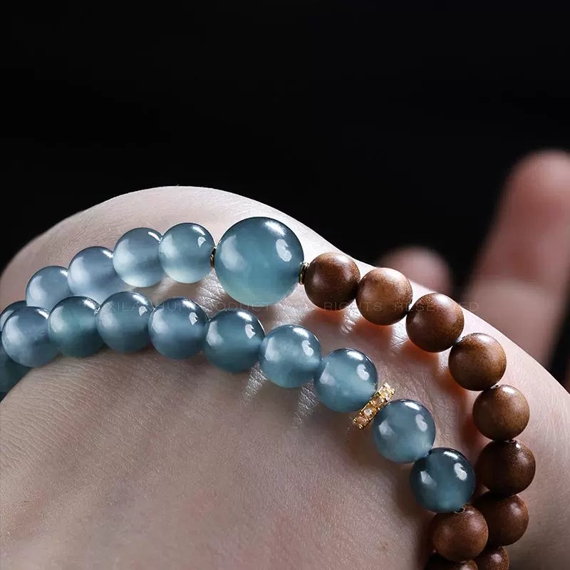 Premium Blue Ice Jadeite Double-Layer Bracelet with Authentic Mysore Old Sandalwood Prayer Beads