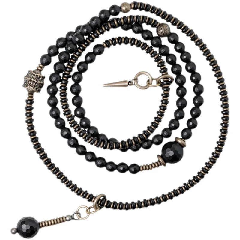 Tibetan Vintage Wrap Bracelet · Black Agate, Brass & Ebony Wood · Multi-Layer Long Strand