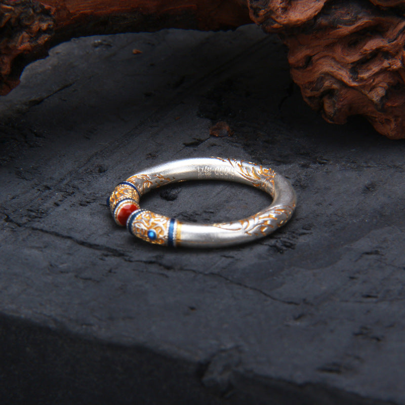999 Pure Silver Gold-Inlaid Honeysuckle Pattern Ring