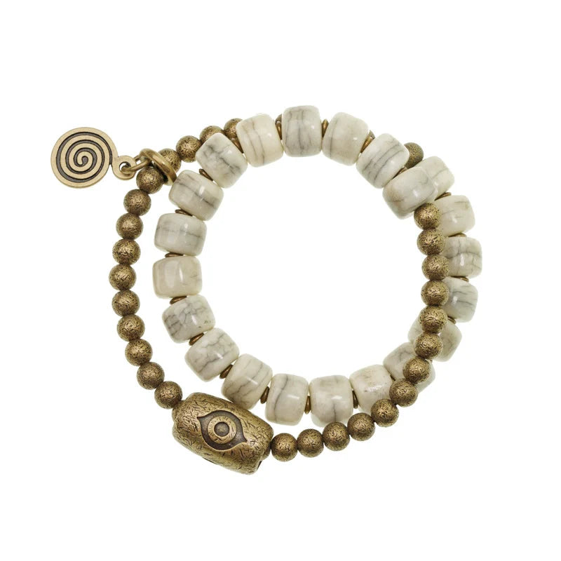 Tibetan Handmade Double-Wrap Yak Bone Bracelet with Brass Dzi Beads and Vintage Brass Accents