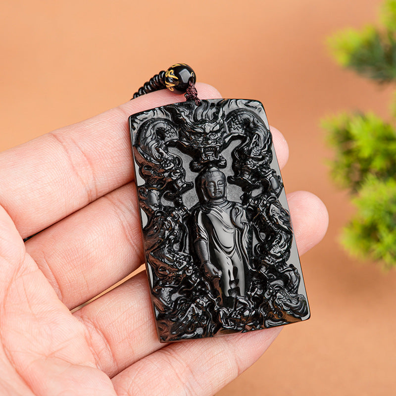 Natural A-Grade Black Jadeite Amitabha Buddha Nine Dragons "Supreme Self-Mastery" Pendant Unisex