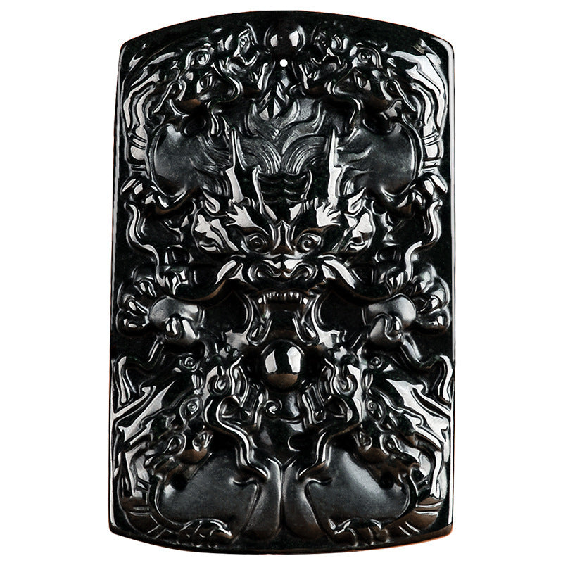 Natural A-Grade Black Jadeite Five Dragons Guardian Pendant