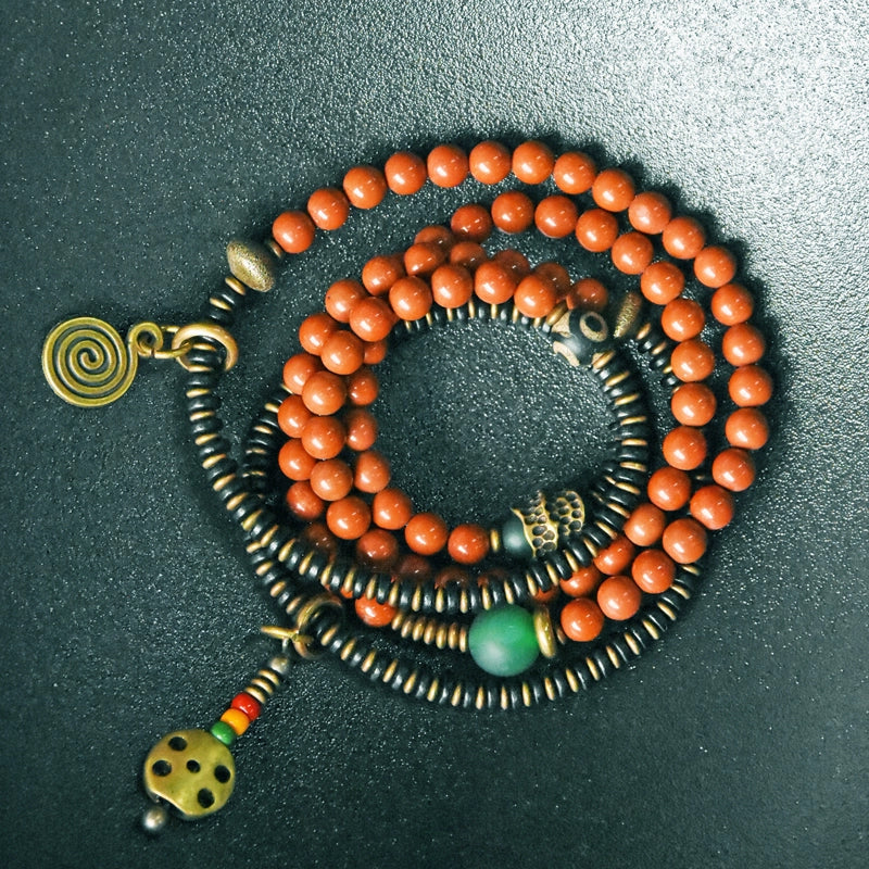 Vintage Wrap Bracelet · Red Agate, Ebony Wood & Brass · Multi-Layer Long Strand for Men and Women