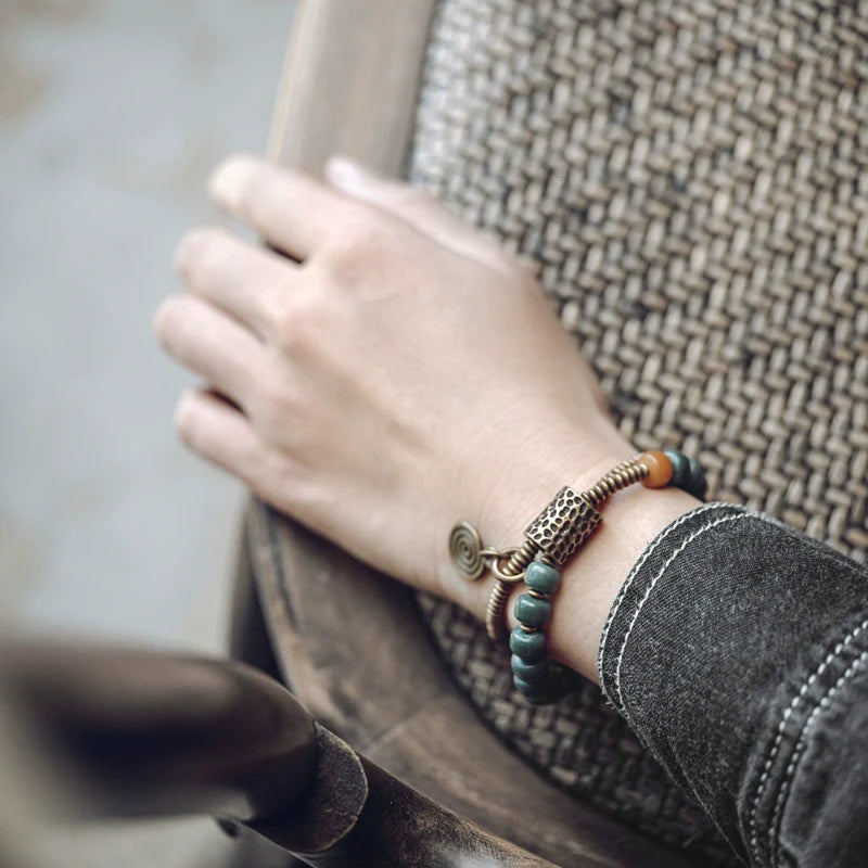 Double-Layer Bodhi Beads& Brass Bracelet Calming Stress-Relief Stack for Women