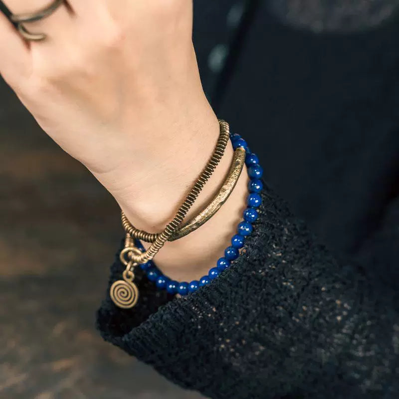 Lapis Lazuli Bracelet Tibetan Jewelry for Spiritual Balance with Brass Accents · Multi-Layer Wrap Strand