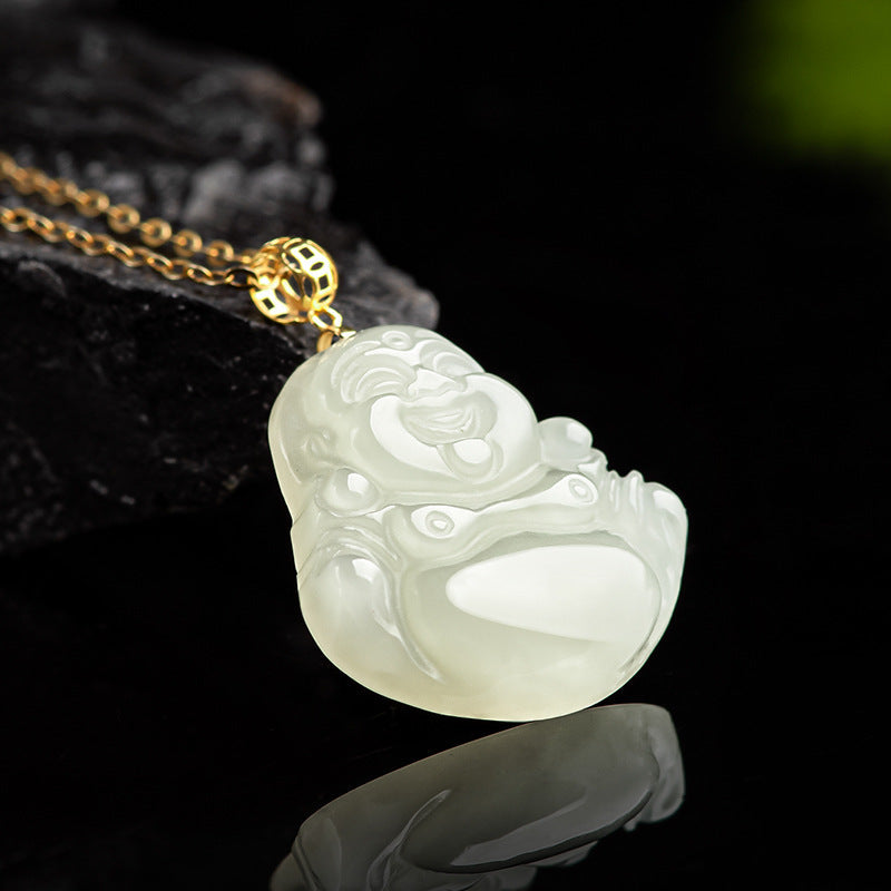 Natural Hetian White Jade Laughing Buddha Pendant for Women