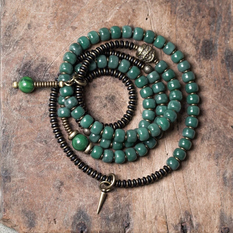 Green Bodhi Beads Bracelet with Ebony & Brass Spacers · Multi-Layer Spiritual Mala for Meditation & Mindfulness