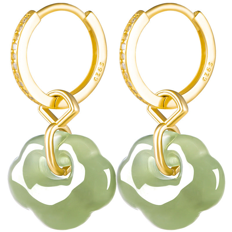 Women’s Natural Hetian Jade Ruyi Earrings, Set in S925 Silver