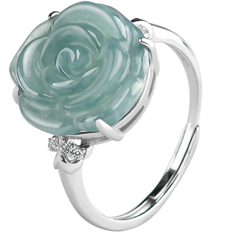 Natural A-Grade Blue Water Jadeite Rose Ring – S925 Silver Adjustable Ice Jade Fashion Ring for Women