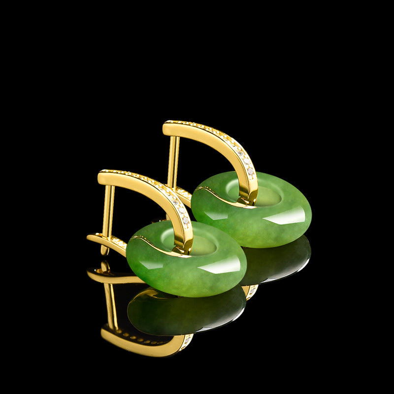 Natural Hetian Green Jade Peace Circle Earrings with S925 Silver Setting