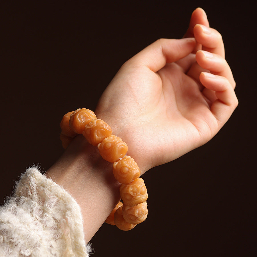 Awakening Lion Bracelet Hand-Carved from Weathered Bodhi Beads