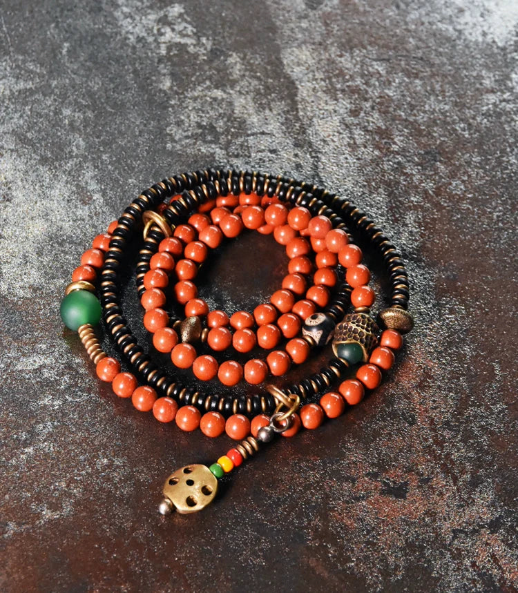 Vintage Wrap Bracelet · Red Agate, Ebony Wood & Brass · Multi-Layer Long Strand for Men and Women