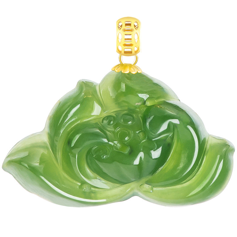 Authentic Hetian Green Jade Lotus Pendant for Women, 18K Gold Setting