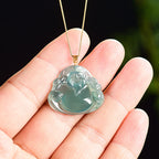 Natural Blue Water Jadeite Cai Shen Pendant – A-Grade Jade, 18K Gold Setting, Auspicious Wealth Talisman
