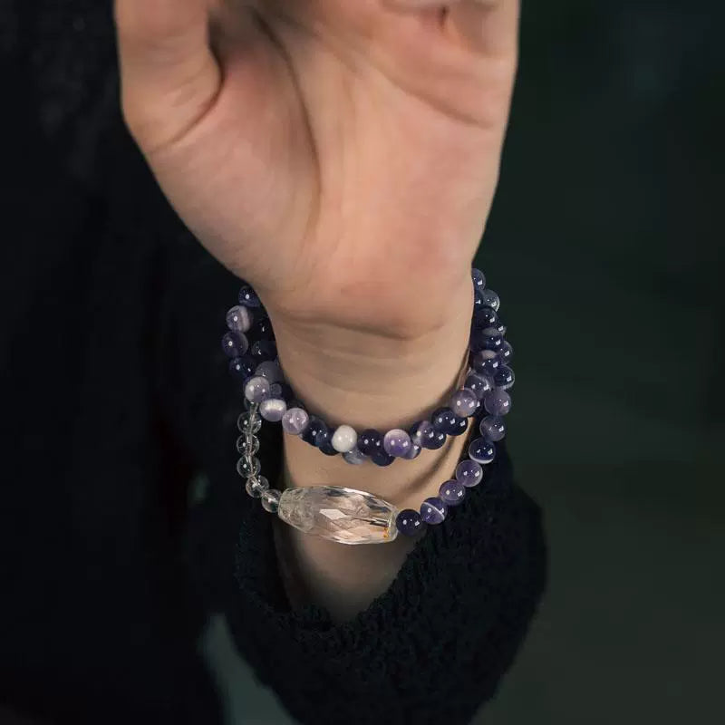 Tibetan-Inspired Multi-Layer Amethyst & Clear Quartz Bracelet · Pure Energy, Sacred Balance