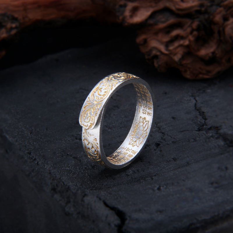 999 Pure Silver Honeysuckle Pattern Heart Sutra Engraved Ring
