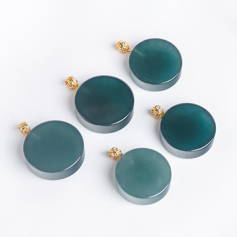 Natural A-Grade Blue Water Jadeite Round Pendant – Ice-Type Jade Disc with 18K Gold Bail, Minimalist Lucky Charm Necklace for Women