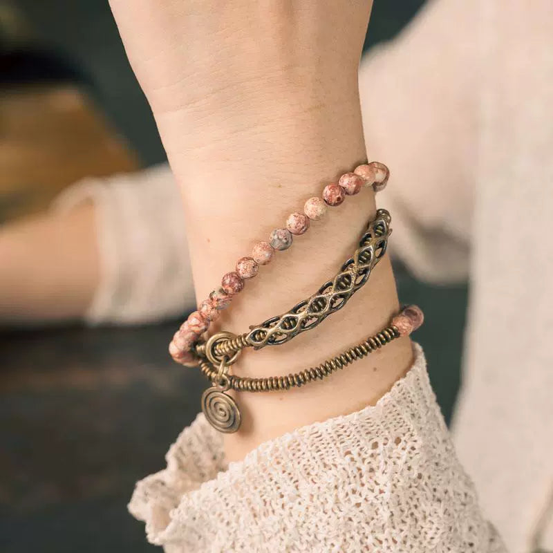 Vintage Multi-Layer Flower Red Jasper Bead Bracelet – Long Wrap with Brass Accents