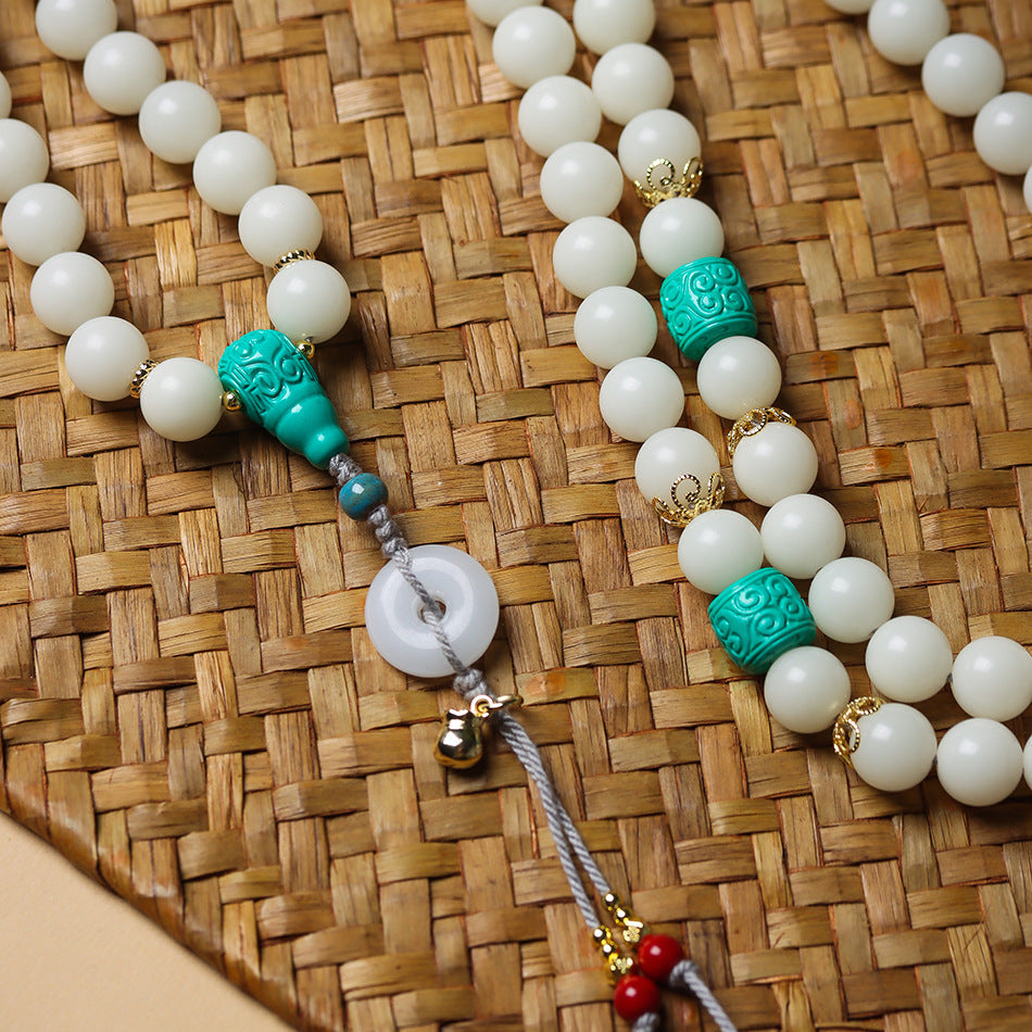 High-Polish White Jade Bodhi 108 Mala Beads Necklace with Turquoise-Look Accents and Safety Buckle – Sweater Chain Crossbody Style