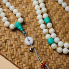 High-Polish White Jade Bodhi 108 Mala Beads Necklace with Turquoise-Look Accents and Safety Buckle – Sweater Chain Crossbody Style