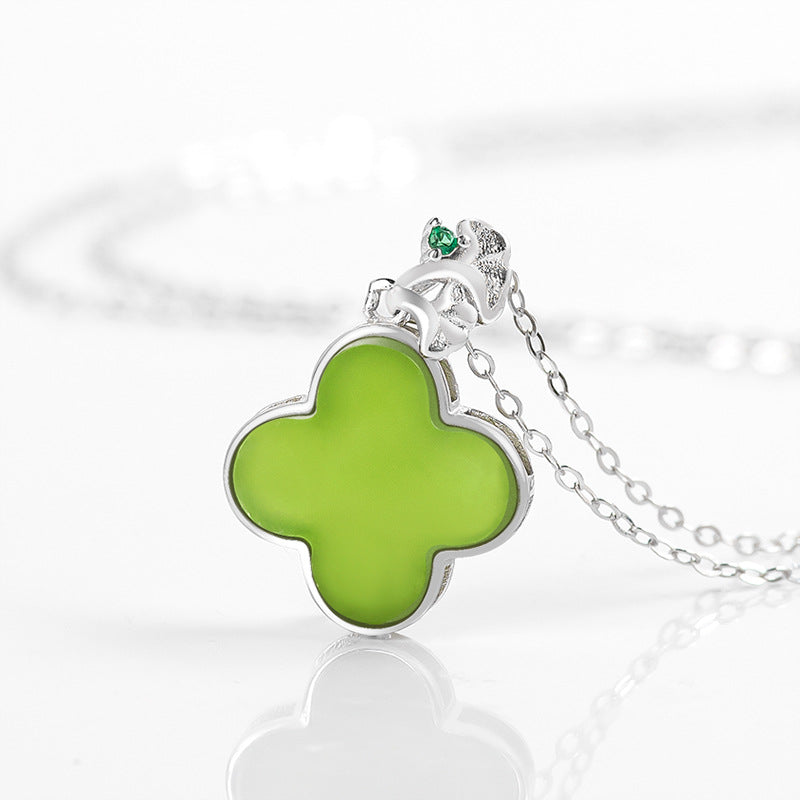 Natural Spinach Green Aged Hetian Green Jade Four-Leaf Clover Pendant with S925 Silver for Women