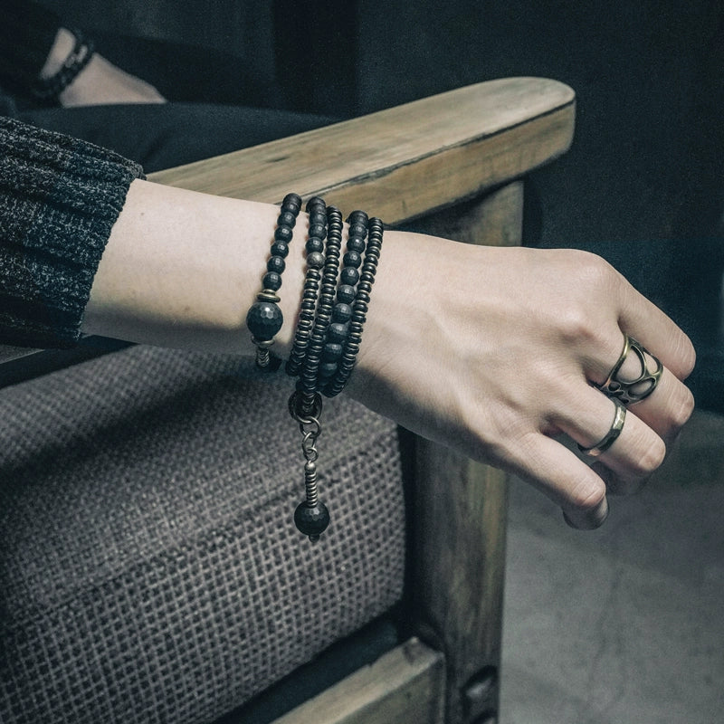 Tibetan Vintage Wrap Bracelet · Black Agate, Brass & Ebony Wood · Multi-Layer Long Strand