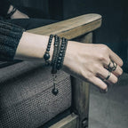 Tibetan Vintage Wrap Bracelet · Black Agate, Brass & Ebony Wood · Multi-Layer Long Strand