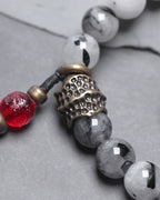 Double-Layer Black Rutilated Quartz Bracelet with White Crystal Pendant for Protection & Mental Clarity