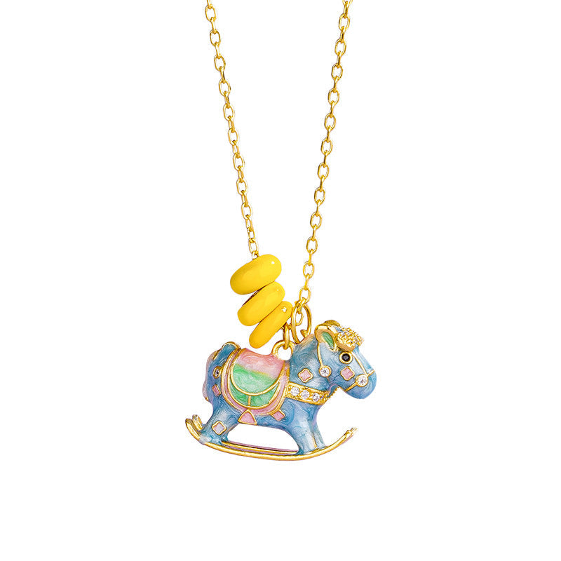 Wooden Horse Necklace for Women – S925 Silver Macaron Enamel Mini Horse Pendant Celebrating the Year of the Horse
