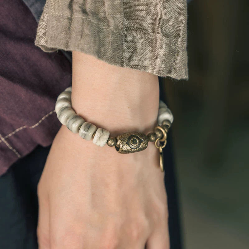 Tibetan Handmade Yak Bone & Brass Dzi Bracelet · Sacred Protection, Grounded Strength